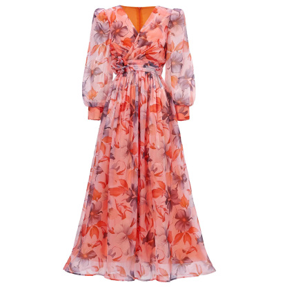 Coral Floral Print Maxi Chiffon Dress | V-Neck Long Sleeve Flowy Gown with Ruched Waist Detail | Elegant Summer Wedding Guest Attire qc19