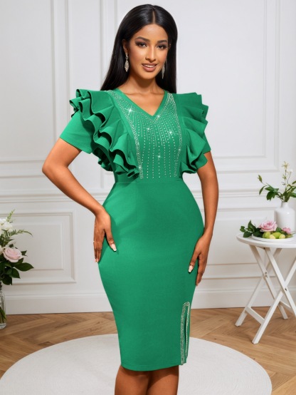 Plus-Sizes Elegant Ruffle Sleeve Rhinestone Bodycon Dress AM050516	-UGENA FASHION