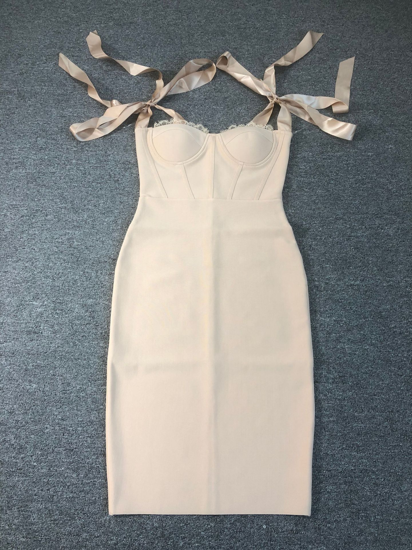 Nude Satin Bow Tie Bandage Midi Dress - Lace Trim Corset Bodycon Cocktail Dress BA334
