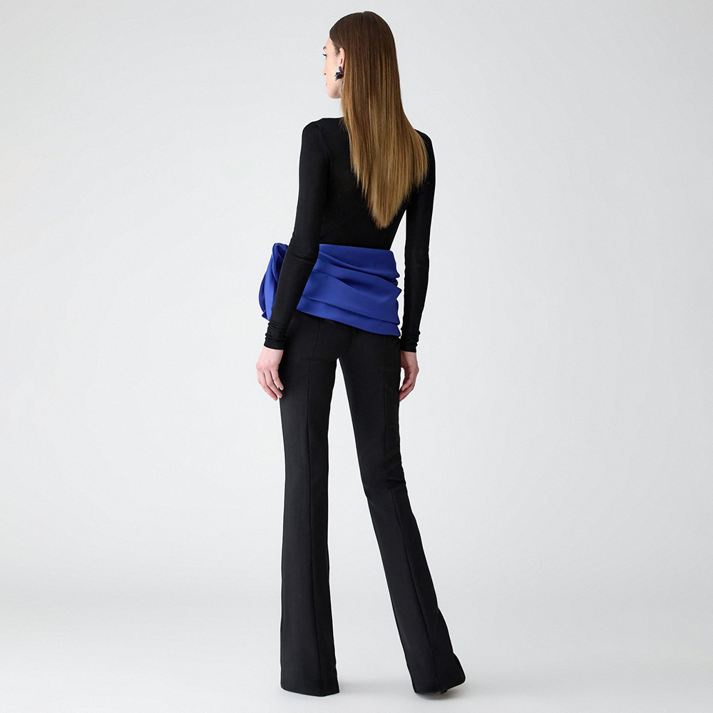 Black High Neck Long Sleeve Bodysuit & Trouser Set with Blue 3D Rose Corset Belt BD2665