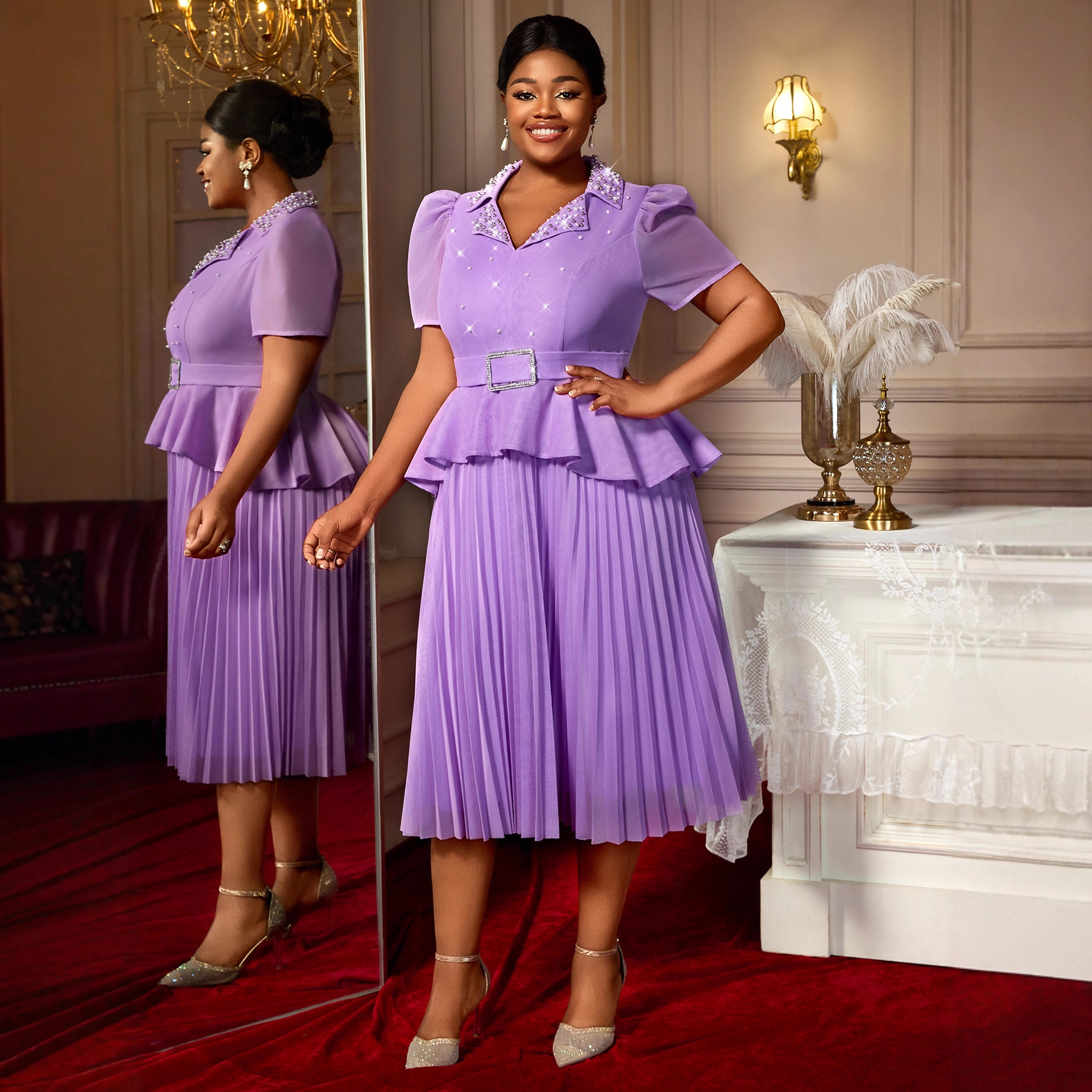 Plus-Sizes Pearl Embellished  Pleated Midi Dress AM050405	-UGENA FASHION