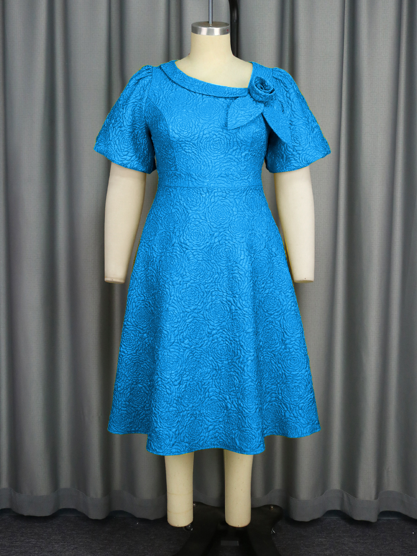 Plus-Sizes Elegant Jacquard Rose A-line Dress with Asymmetric Bow Neckline - Perfect for Wedding & Cocktail Parties AM040856	-UGENA FASHION