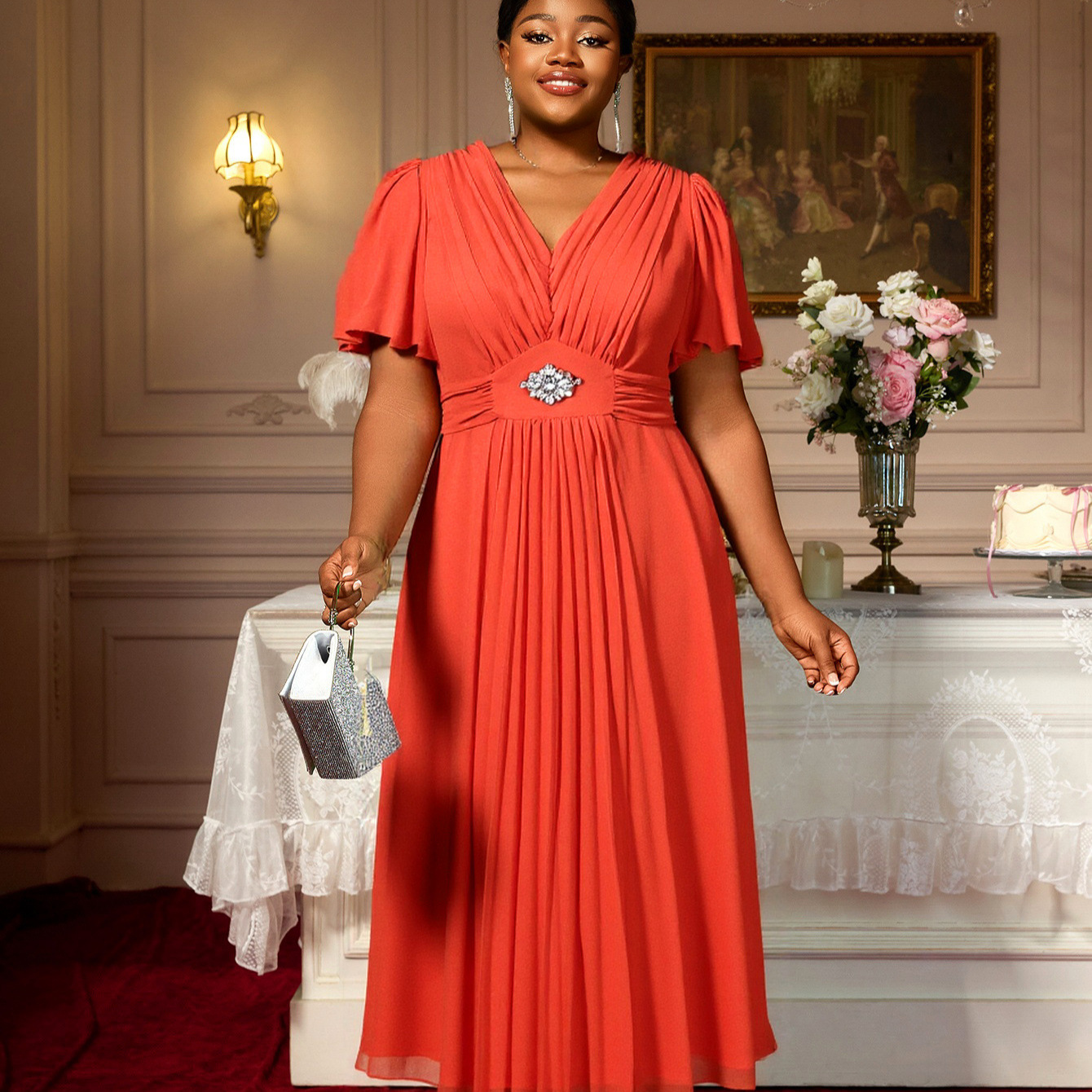 Plus-Sizes Elegant Flutter Sleeve Dress with Rhinestone Detail AM050506-UGENA FASHION