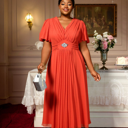 Plus-Sizes Elegant Flutter Sleeve Dress with Rhinestone Detail AM050506-UGENA FASHION