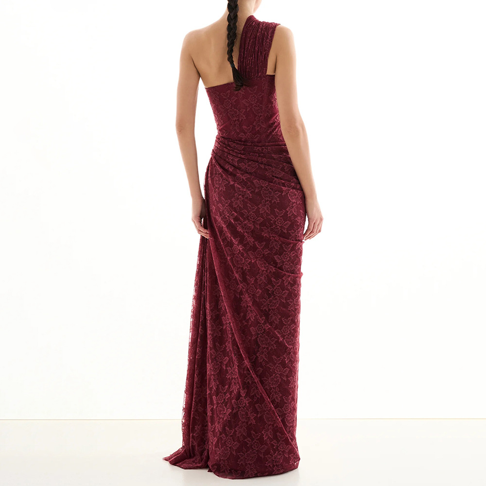 Luxurious One-Shoulder Wine Red Lace Gown - Asymmetric Corset Style Ruched Maxi Dress BD2677