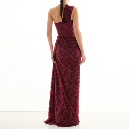 Luxurious One-Shoulder Wine Red Lace Gown - Asymmetric Corset Style Ruched Maxi Dress BD2677