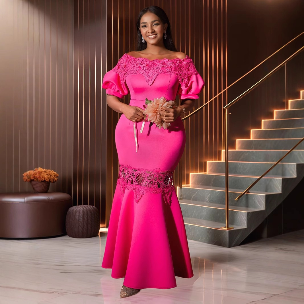 Plus-Sizes Elegant Off-Shoulder Mermaid Gown with Lace Trim - Fuchsia Bodycon Formal Dress AM041010	-UGENA FASHION