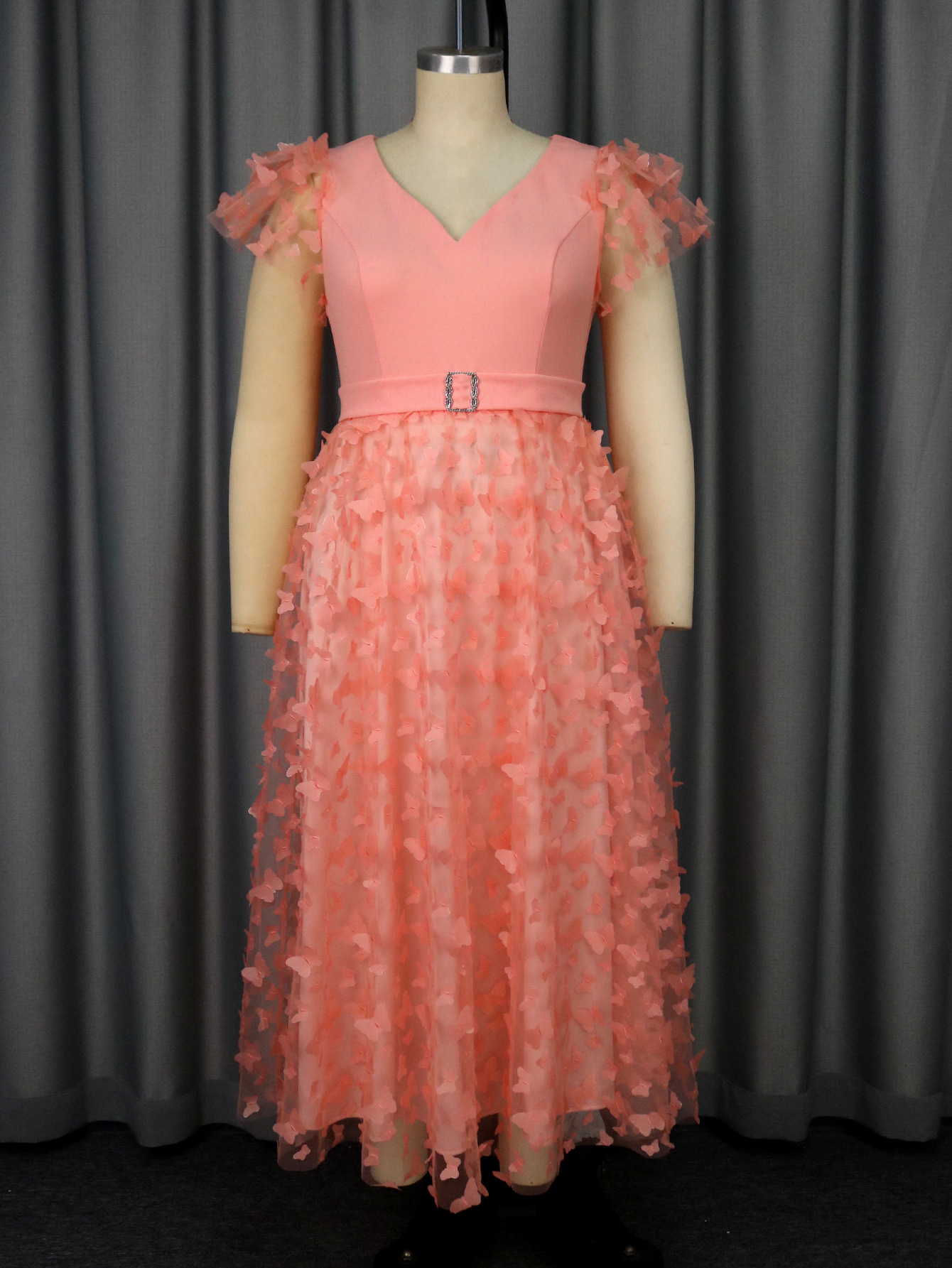 Plus-Sizes  Butterfly Appliqué V-Neck Mesh Dress with Short Sleeves AM050509	-UGENA FASHION