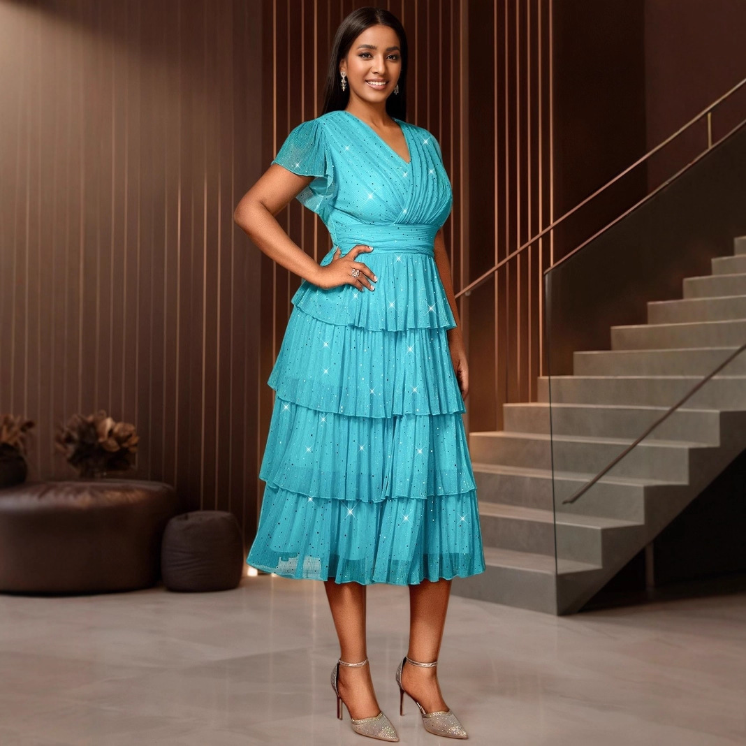 Plus-Sizes Sparkle Tiered Pleated Midi Dress with V-Neck AM050424	-UGENA FASHION