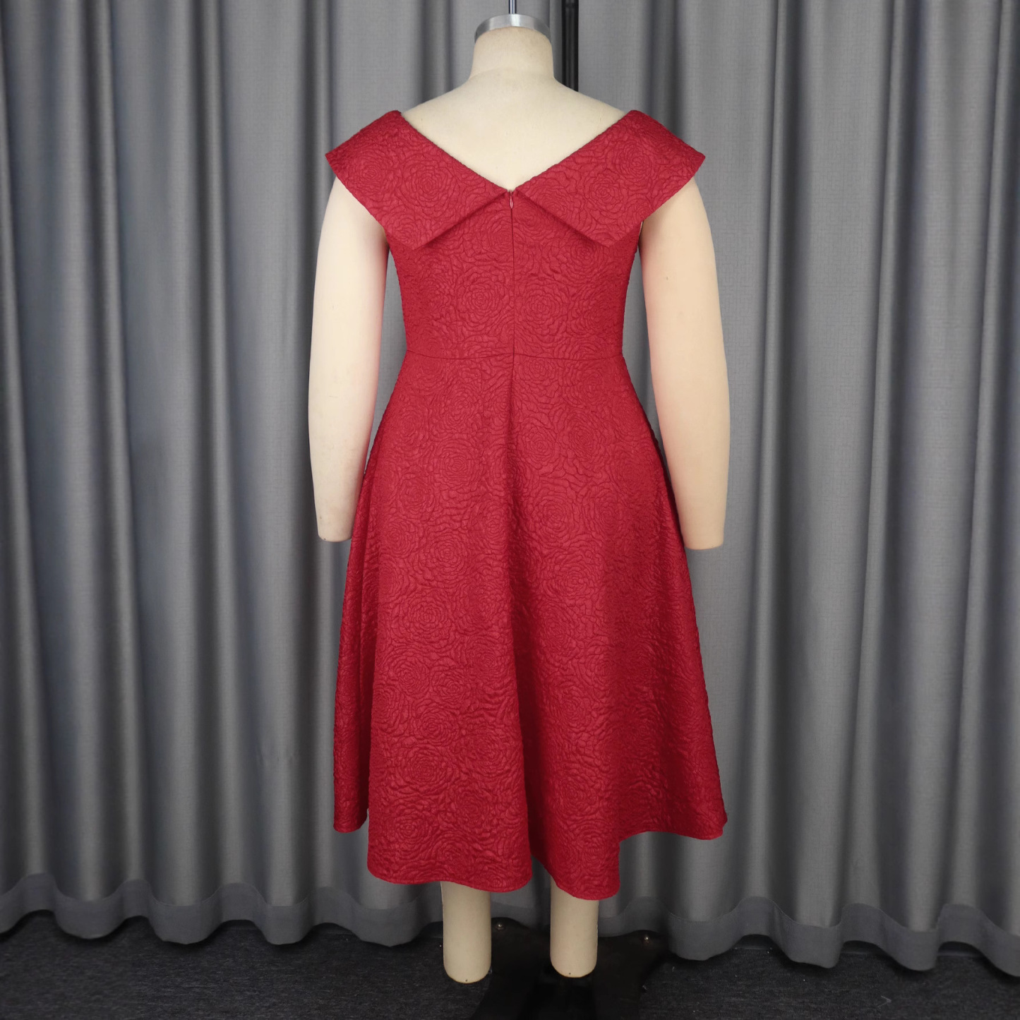 Plus-Sizes Elegant Red Off-Shoulder Midi Dress with Floral Brocade Texture - Perfect for Parties & Special Occasions AM050233	-UGENA FASHION