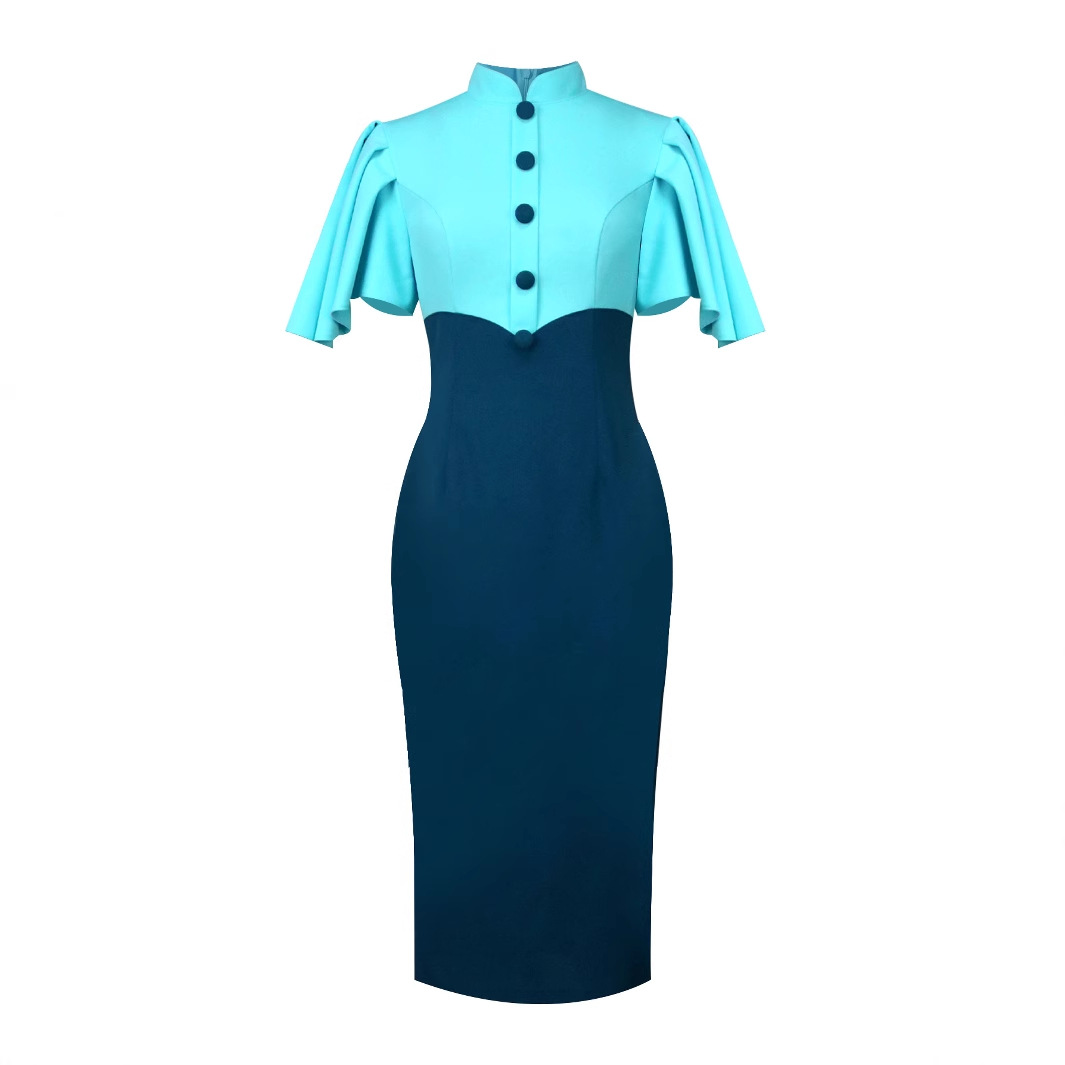 Plus-Sizes Elegant Patchwork Sheath Dress with Flounce Sleeves - Two-Tone Bodycon Midi Dress for Women AM050532	-UGENA FASHION