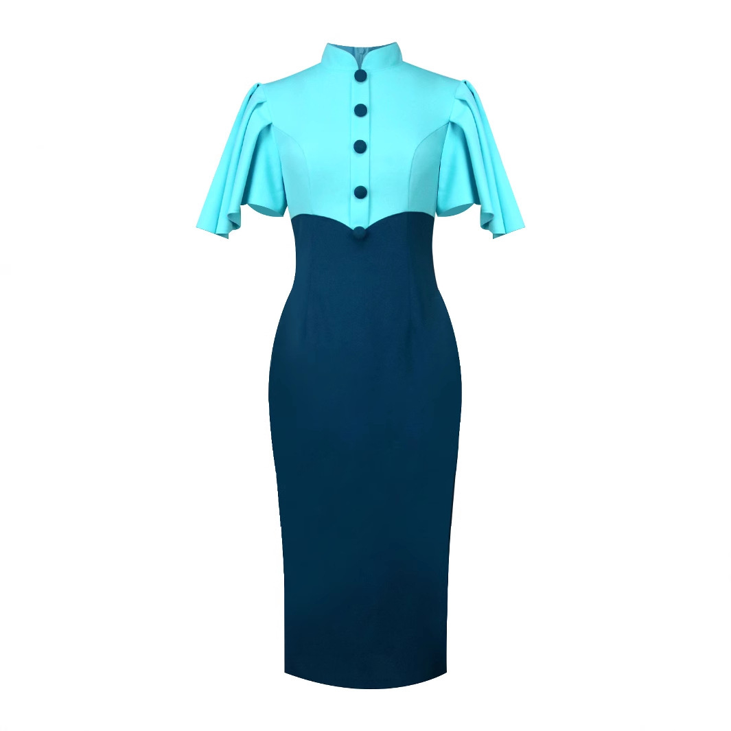 Plus-Sizes Elegant Patchwork Sheath Dress with Flounce Sleeves - Two-Tone Bodycon Midi Dress for Women AM050532	-UGENA FASHION