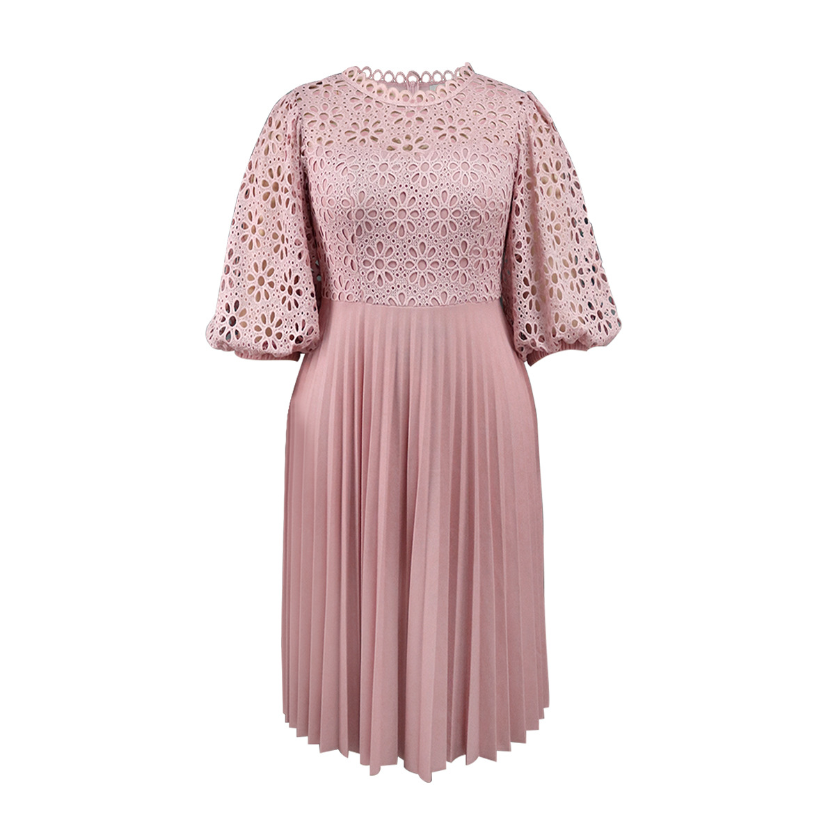 Plus-Sizes Elegant Eyelet Lace & Pleated Chiffon Dress AM030904 	-UGENA FASHION