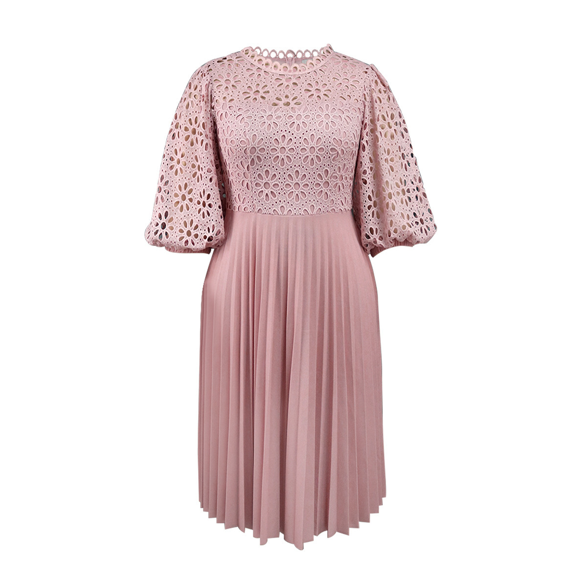 Plus-Sizes Elegant Eyelet Lace & Pleated Chiffon Dress AM030904 	-UGENA FASHION
