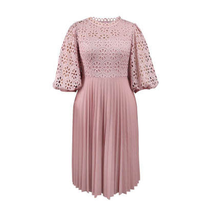 Plus-Sizes Elegant Eyelet Lace & Pleated Chiffon Dress AM030904 	-UGENA FASHION