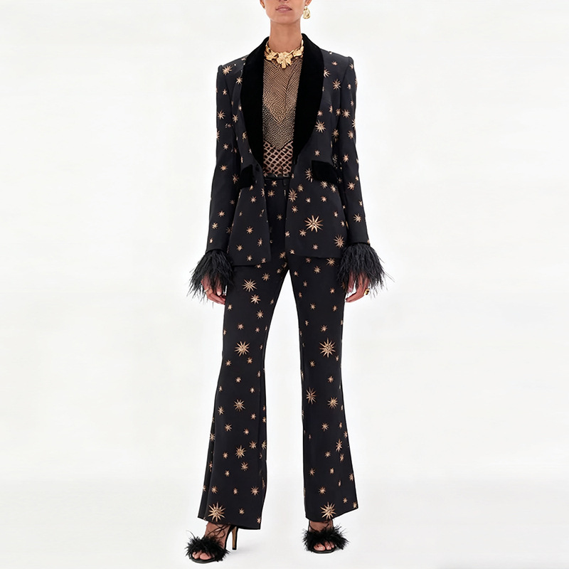 Black & Gold Star Print Suit Set - Feather Trim Flared Pants 3085