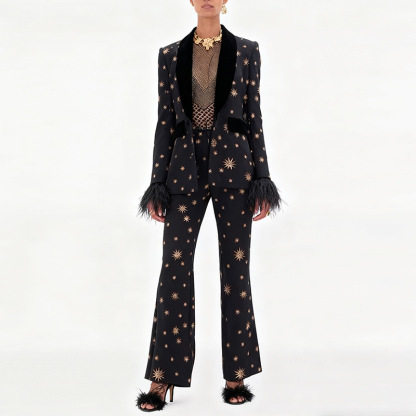 Black & Gold Star Print Suit Set - Feather Trim Flared Pants 3085