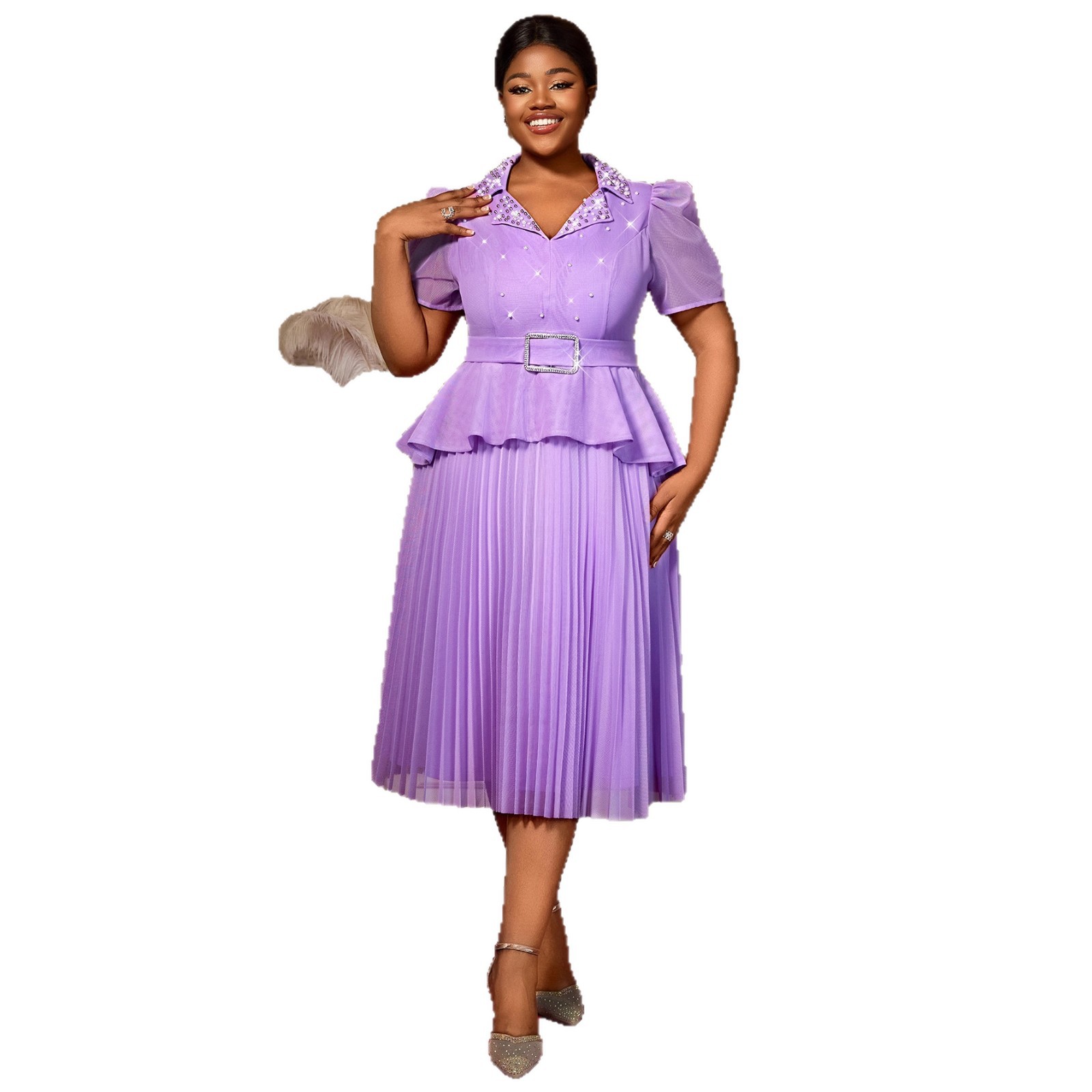 Plus-Sizes Pearl Embellished  Pleated Midi Dress AM050405	-UGENA FASHION