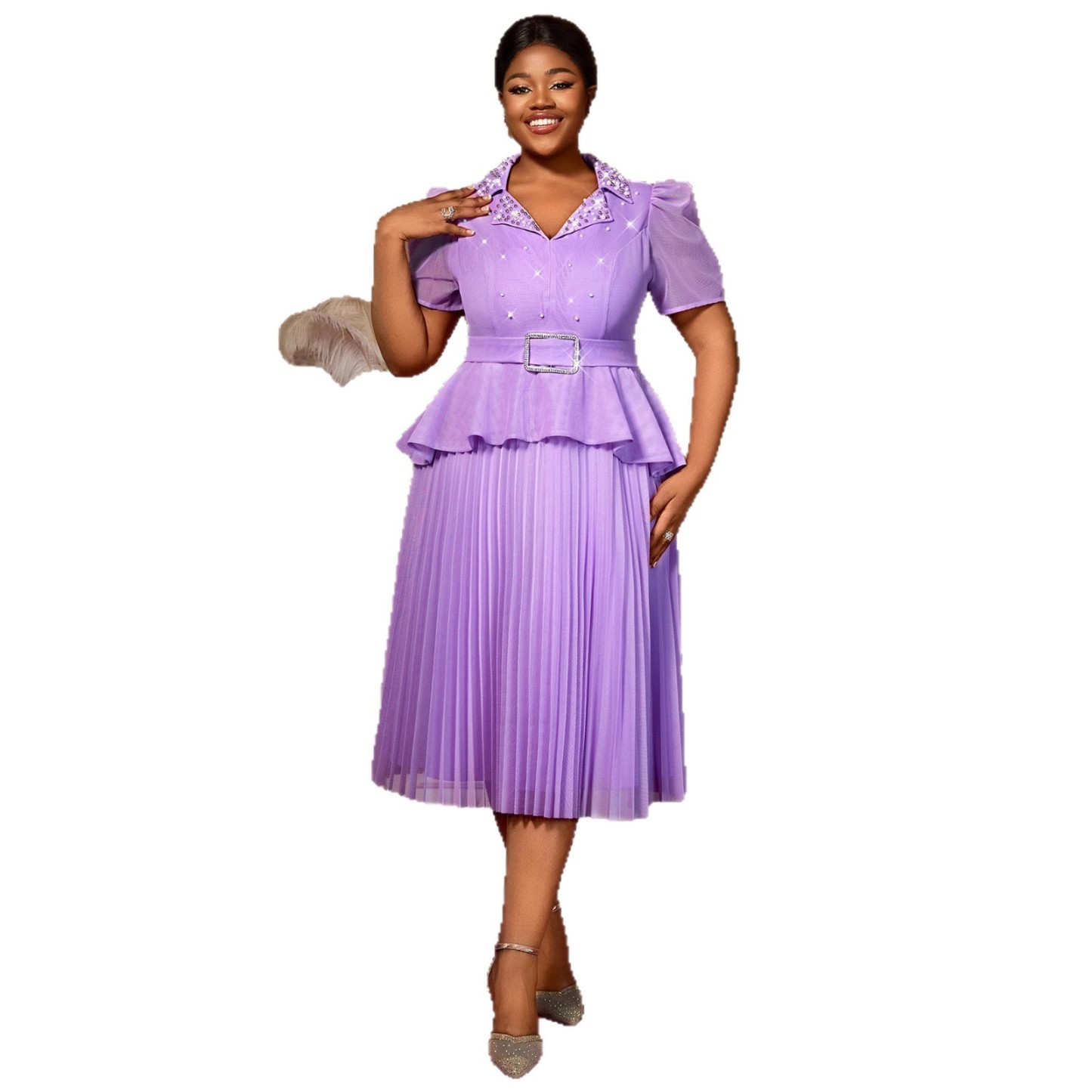 Plus-Sizes Pearl Embellished  Pleated Midi Dress AM050405	-UGENA FASHION