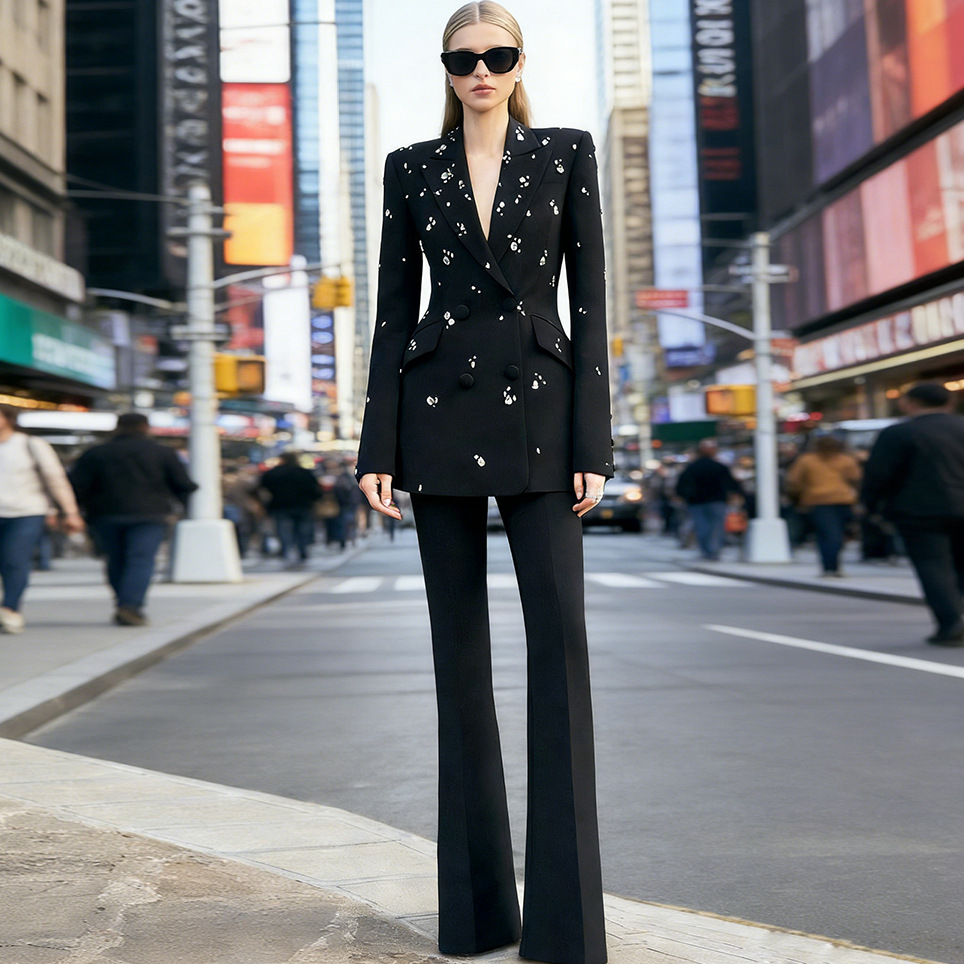 Luxury Black Pearl Embellished Blazer & Flare Pants Set - Elegant Double-Breasted Beaded Suit for Women - Chic Evening Party & Runway 2-Piece Outfit 3096