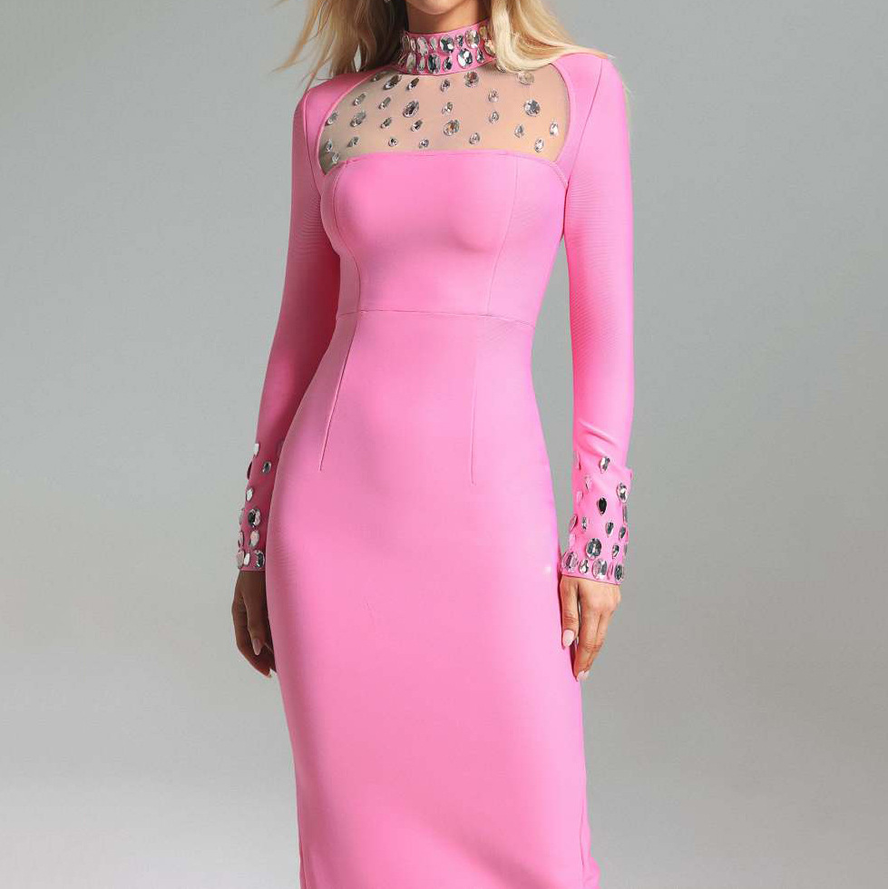 Hot Pink Crystal Mesh Long Sleeve Maxi Dress | Barbiecore Rhinestone Bodycon Gown BA452