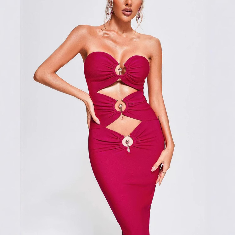 Fuchsia Pink Cutout Bandage Midi Dress with Gold Ring Details - Strapless Bodycon Party Dress BA359