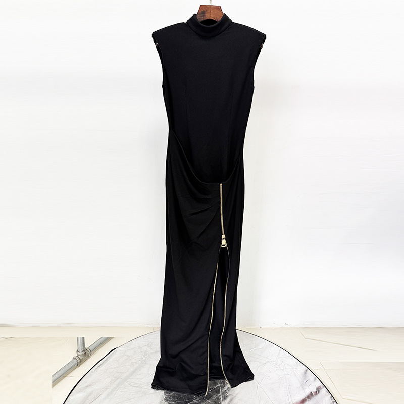 Sexy Black High Neck Maxi Dress with Gold Zipper Slit 3083