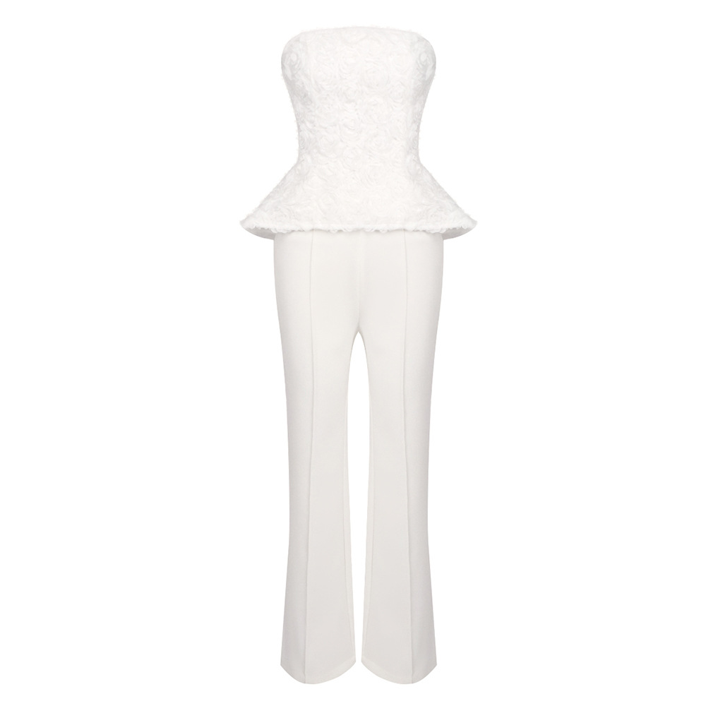 Chic White Strapless Peplum Jumpsuit - 3D Floral Textured Wide Leg Pants Suit for Wedding & Gala BD2667