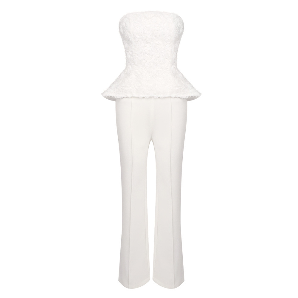 Chic White Strapless Peplum Jumpsuit - 3D Floral Textured Wide Leg Pants Suit for Wedding & Gala BD2667