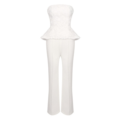 Chic White Strapless Peplum Jumpsuit - 3D Floral Textured Wide Leg Pants Suit for Wedding & Gala BD2667