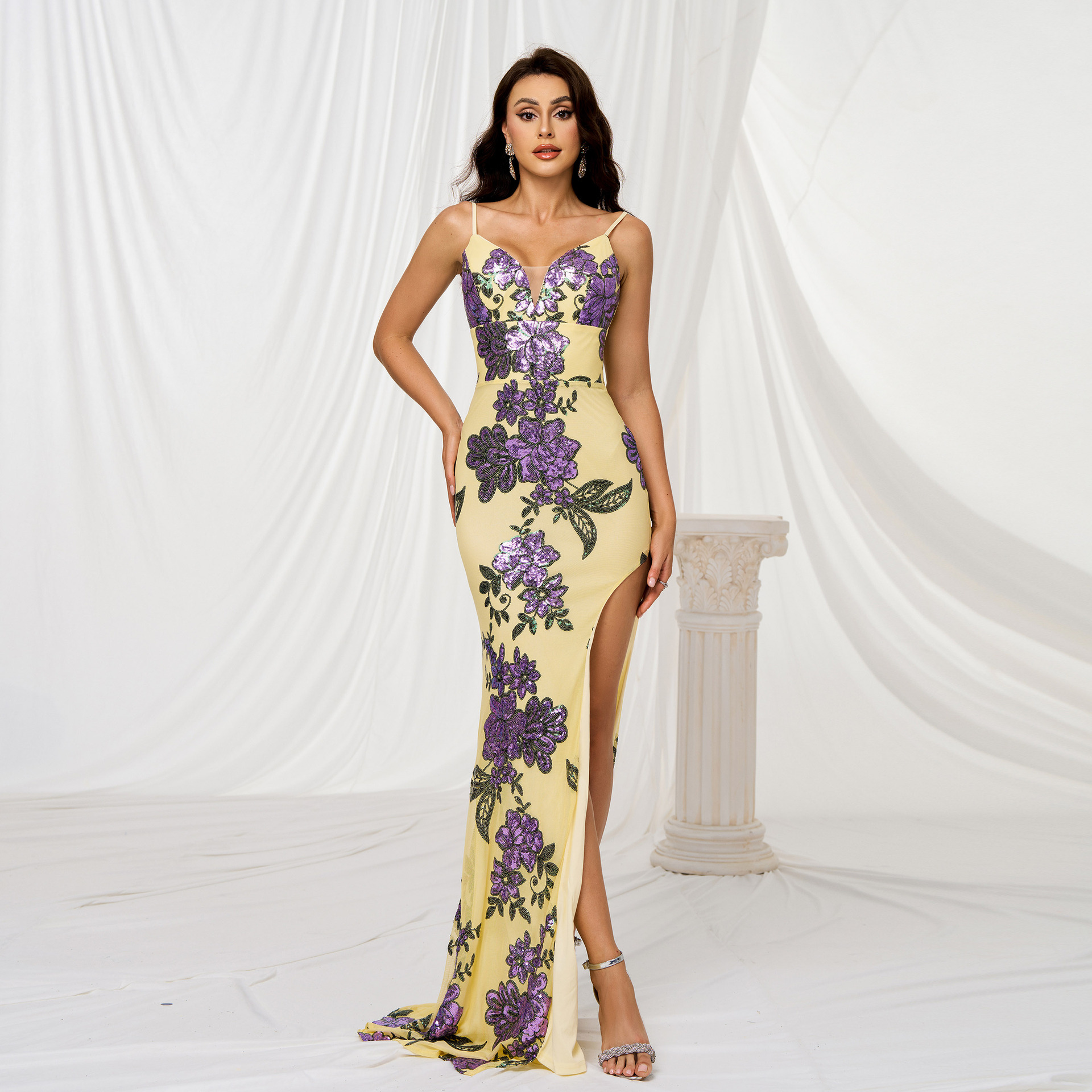 Elegant Yellow Sequin Floral Gown | High Slit V-Neck Spaghetti Strap Prom & Evening Dress rj11354