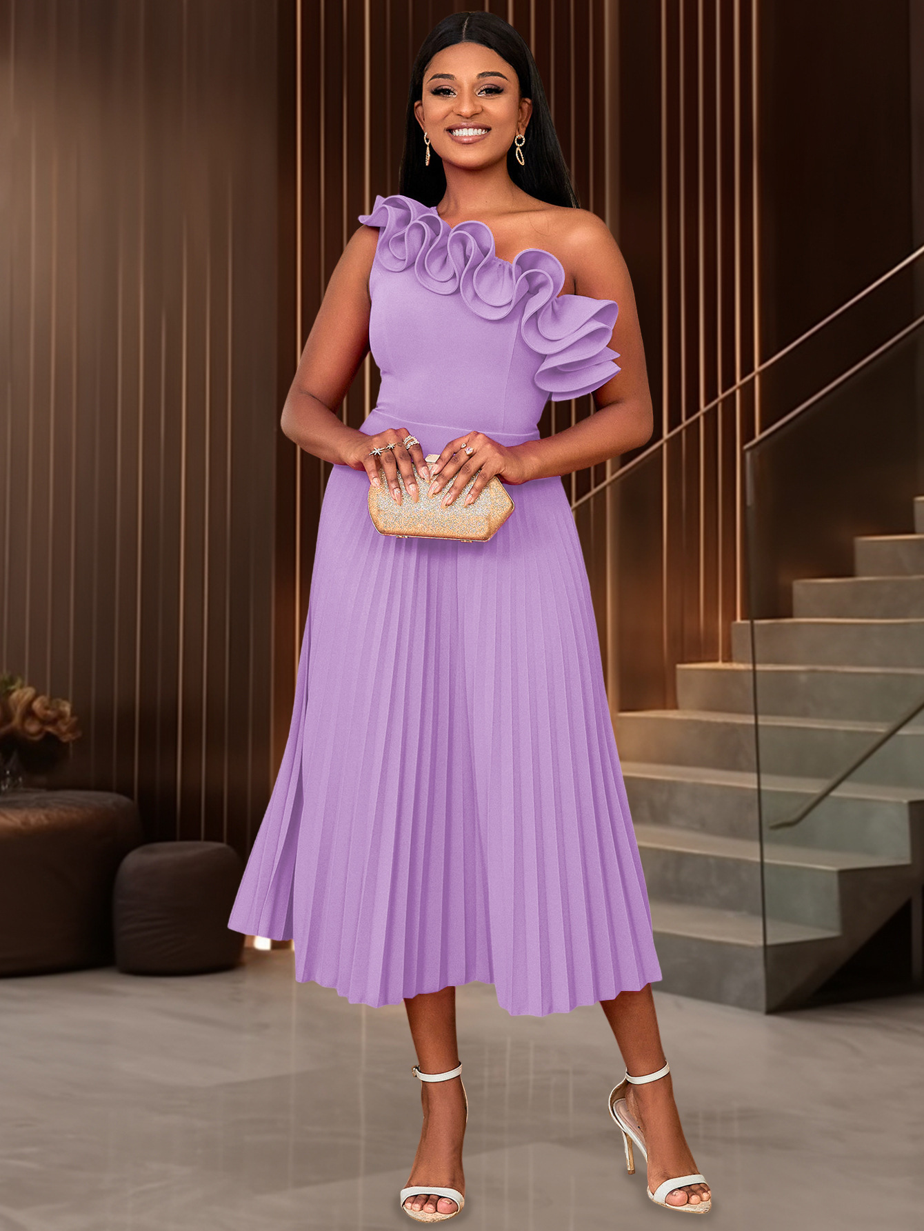 Plus-Sizes High Neck Sheath Pencil Dress with Asymmetrical Ruffle Skirt - Elegant Formal Business Gown AM030113	-UGENA FASHION