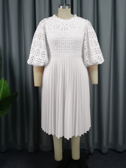 Plus-Sizes Elegant Eyelet Lace & Pleated Chiffon Dress AM030904 	-UGENA FASHION