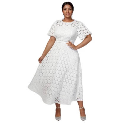 Plus-Sizes Elegant White Hollow-Out Lace Midi Dress - Perfect for Weddings, Receptions & Bridal Showers AM050348	-UGENA FASHION