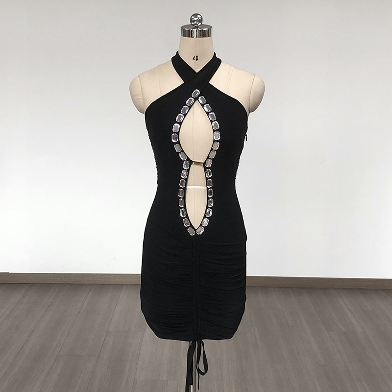 Sexy Black Rhinestone Cutout Mini Dress - Halter Neck Ruched Bodycon Club Dress for Women - Festival & Party Wear BA455