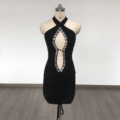 Sexy Black Rhinestone Cutout Mini Dress - Halter Neck Ruched Bodycon Club Dress for Women - Festival & Party Wear BA455