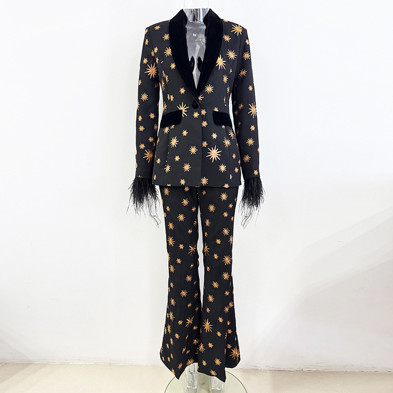 Black & Gold Star Print Suit Set - Feather Trim Flared Pants 3085