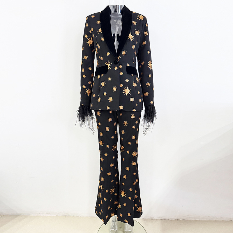 Black & Gold Star Print Suit Set - Feather Trim Flared Pants 3085