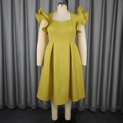 Plus-Sizes Textured Jacquard A-Line Midi Dress with Ruffle Sleeves - Elegant Square Neckline Party Dress AM050333	-UGENA FASHION