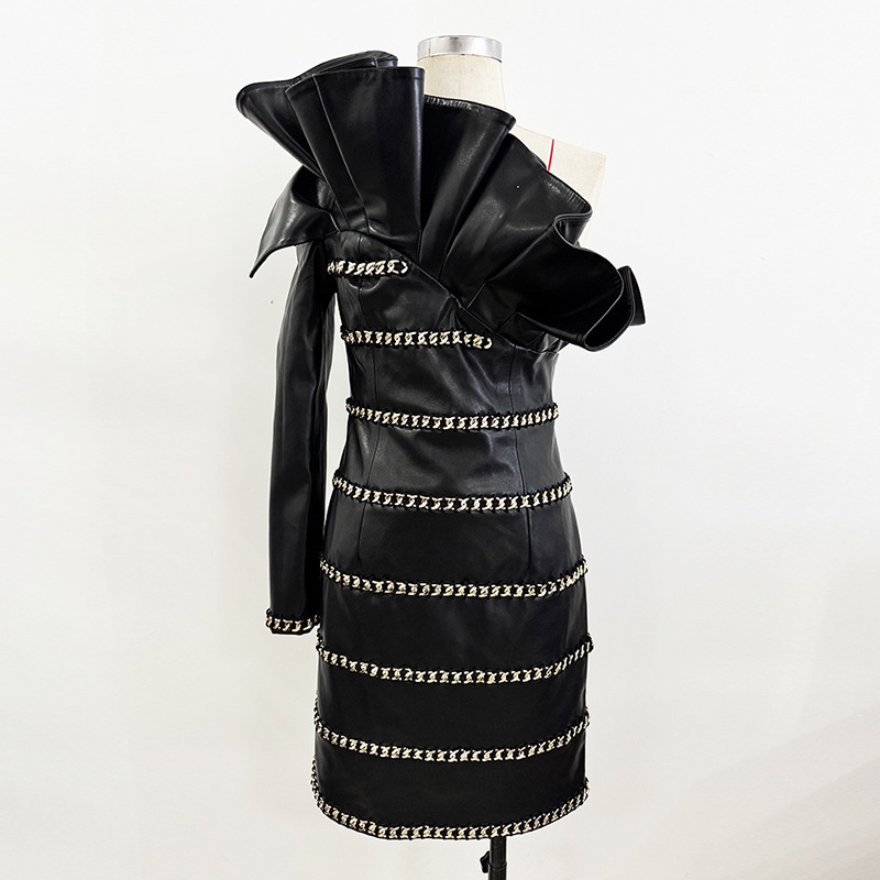 Edgy Black Faux Leather One-Shoulder Mini Dress with Gold Chain 2810