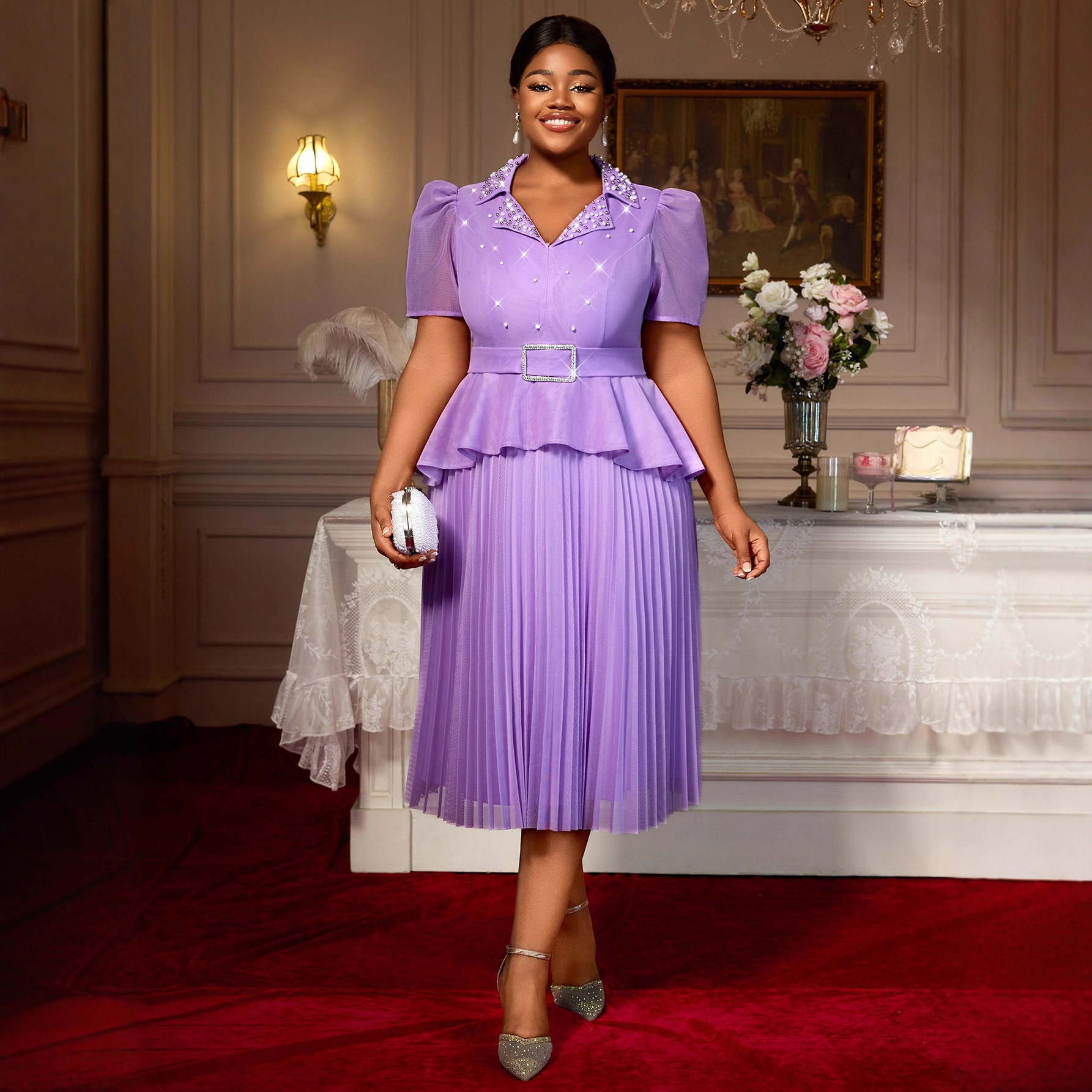 Plus-Sizes Pearl Embellished  Pleated Midi Dress AM050405	-UGENA FASHION