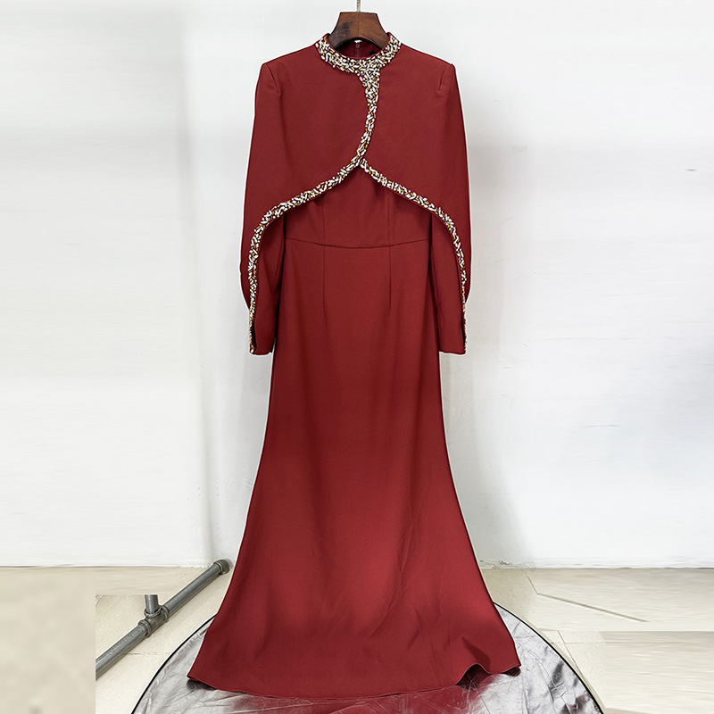 Luxury High Neck Long Sleeve Mermaid Wedding Dress with Detachable Beaded Capelet - Red/White 9099