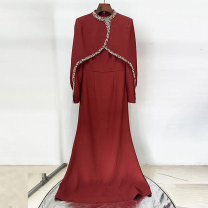 Luxury High Neck Long Sleeve Mermaid Wedding Dress with Detachable Beaded Capelet - Red/White 9099
