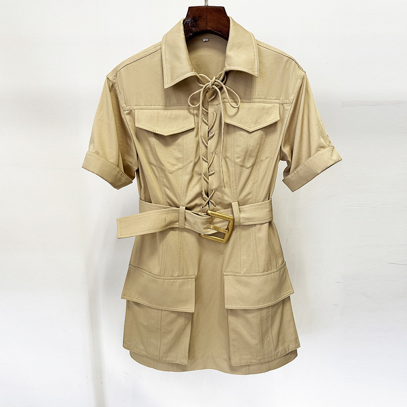 Women's Chic Khaki Utility Mini Dress - Sexy Lace-up Front Safari Cargo Dress with Belt 3093