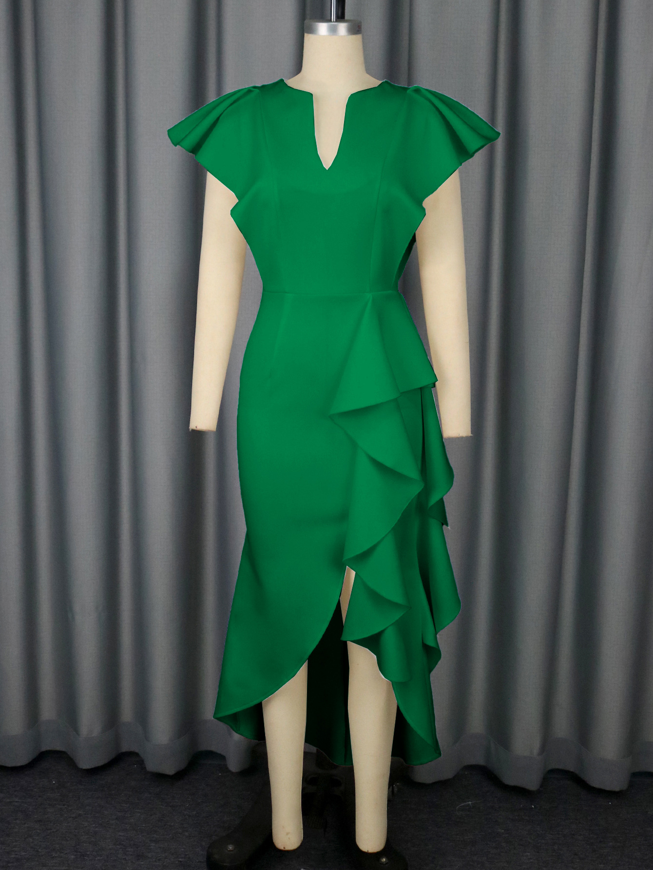 Plus-Sizes High-Low Ruffle Asymmetrical Dress - Elegant V-Neck Formal Sheath Gown with Ruffle Hem AM050505	-UGENA FASHION