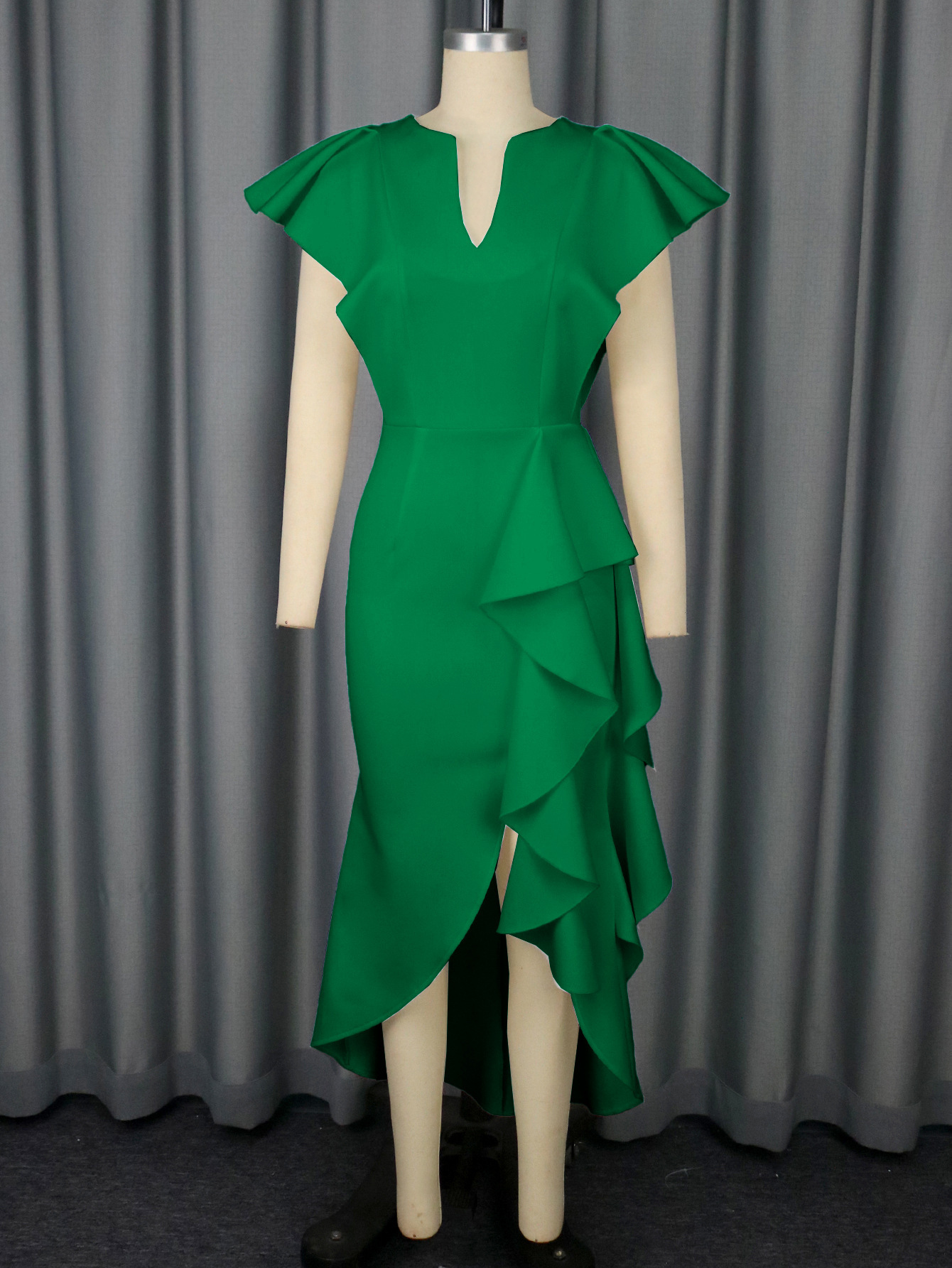 Plus-Sizes High-Low Ruffle Asymmetrical Dress - Elegant V-Neck Formal Sheath Gown with Ruffle Hem AM050505	-UGENA FASHION