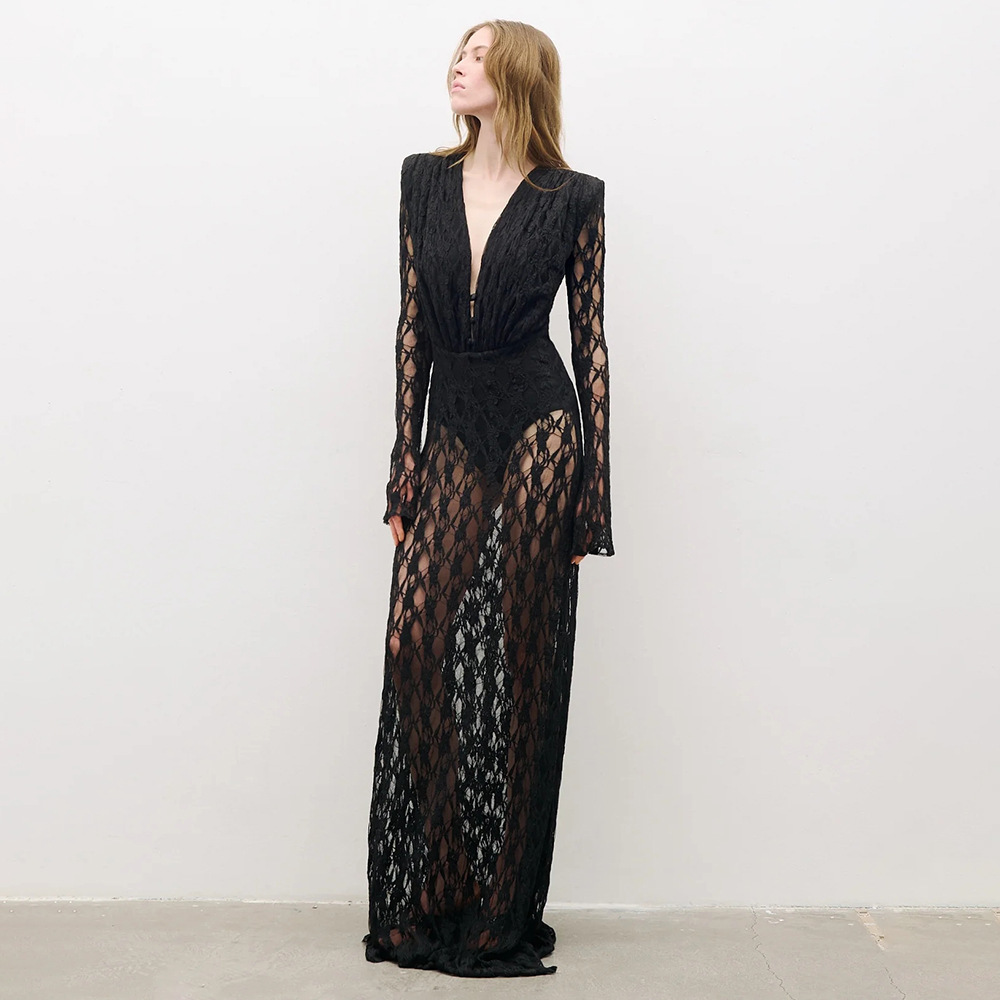 BD2668 Vintage-Inspired Black Lace Long Sleeve Evening Dress - Deep V Sheer Maxi Gown with Built-in Bodysuit BD2668