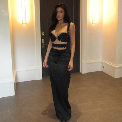 Black Gem Embellished Cutout Maxi Gown - Strappy Beaded Formal Party Dress BD2661