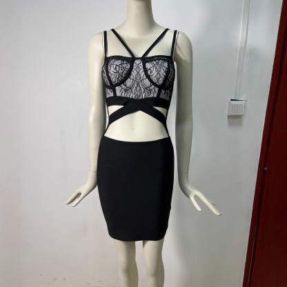 Sexy Black Lace Cutout Bandage Mini Dress - Bodycon Club Party Dress | Strappy Baddie Aesthetic BA357