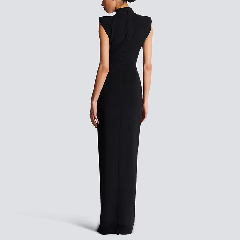 Sexy Black High Neck Maxi Dress with Gold Zipper Slit 3083